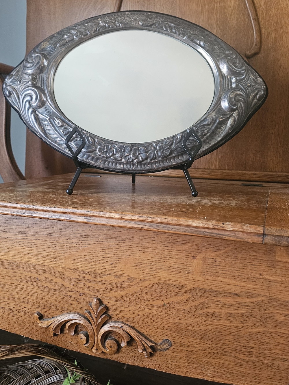 Vintage Ornate Silver Tone Oval Vanity Mirror | Repoussé Floral Frame